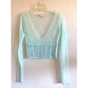Dyspnea Mint Green Hand Beaded Certified Freak Vneck Sheer Bodice Top Small
